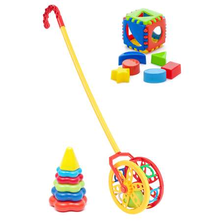 Развивающие игрушки Karolina toys для малышей набор Каталка Колесо + Сортер кубик логический малый + Пирамидка