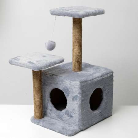 Домик-когтеточка Пижон «Квадратный трёхэтажный с двумя окошками» джут 45×47×75 см серая