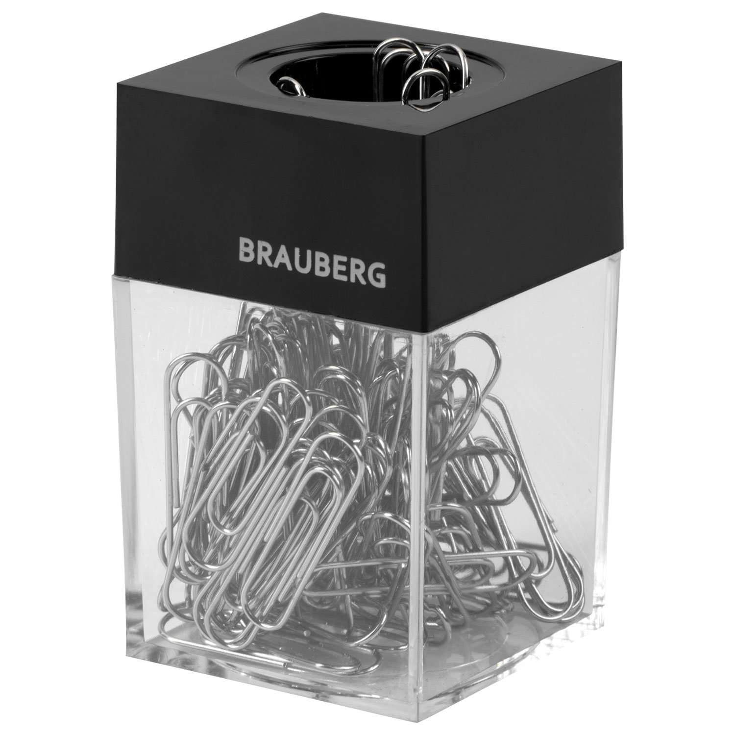 Диспенсер для скрепок Brauberg скрепочница магнитная со 100 никелированными скрепками прозрачная - фото 2