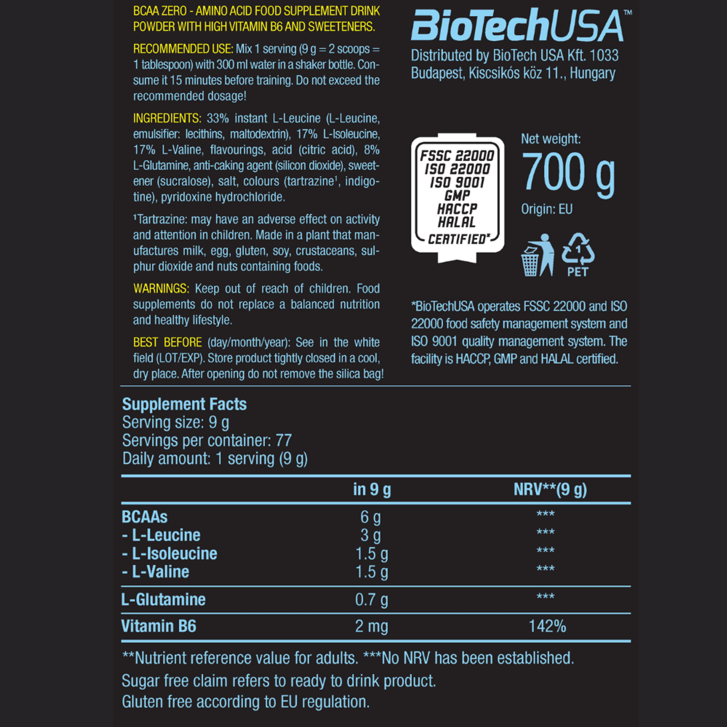 БЦАА BiotechUSA BCAA Zero 700 г. Ледяной лимонный чай - фото 2