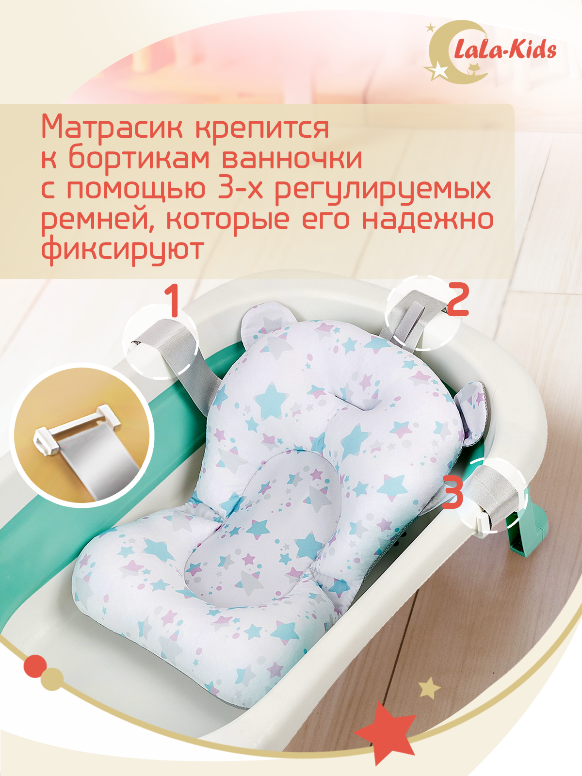 Складная ванночка для купания LaLa-Kids с термометром складным ковшом и матрасиком в комплекте - фото 15