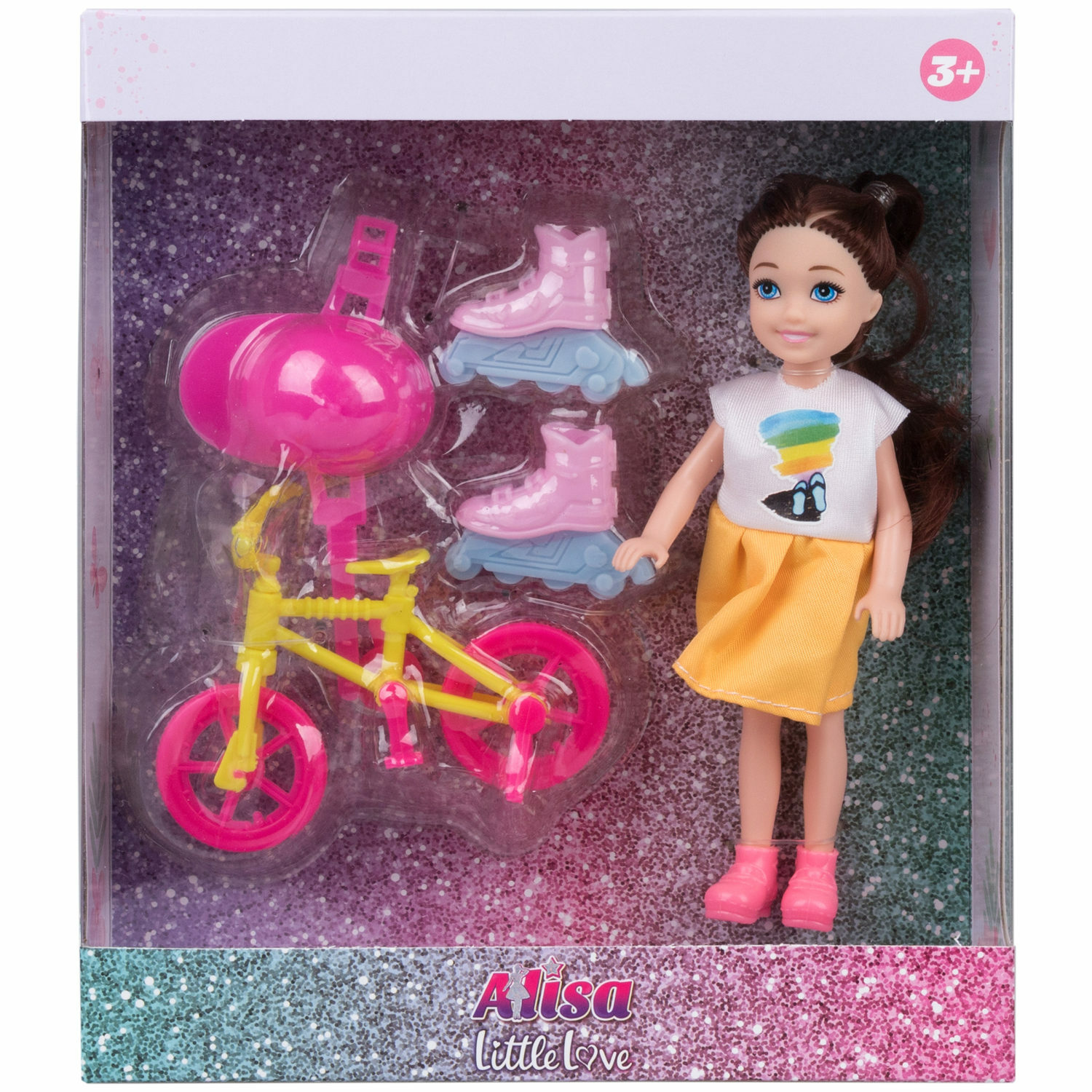 Кукла детская мини 15 см 1TOY Alisa Little Love Брюнетка с аксессуарами на велосипеде и роликах Т24378 - фото 1