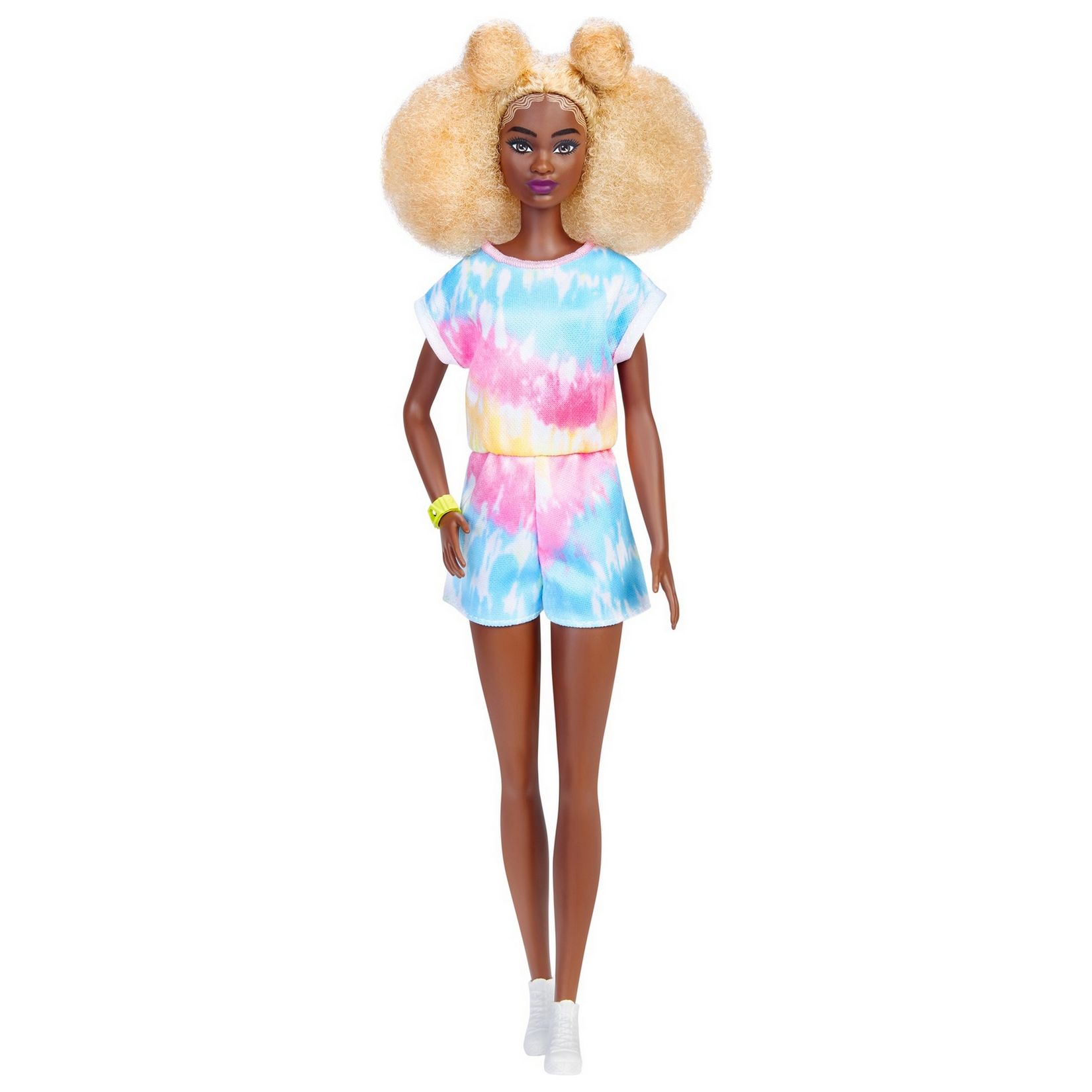 BARBIE Fashionistas Tall Blonde Afro Tie Dye Romper Sneakers Yellow Bracelet Doll