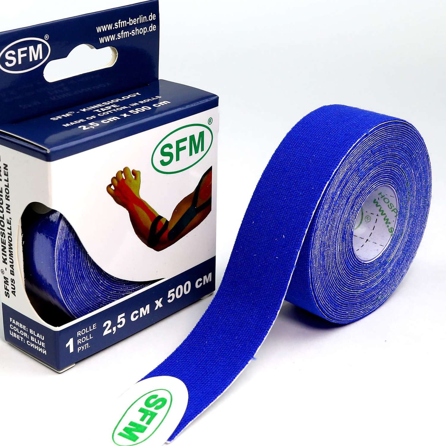 Кинезиотейп SFM Hospital Products Plaster на хлопковой основе 2.5х500 см синего цвета в диспенсере - фото 3