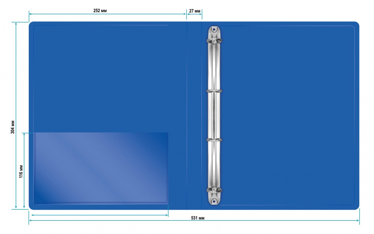 Папка на кольцах Бюрократ 4шт колец О-образные A4 27мм корешок пластик 0.7мм синий - фото 3