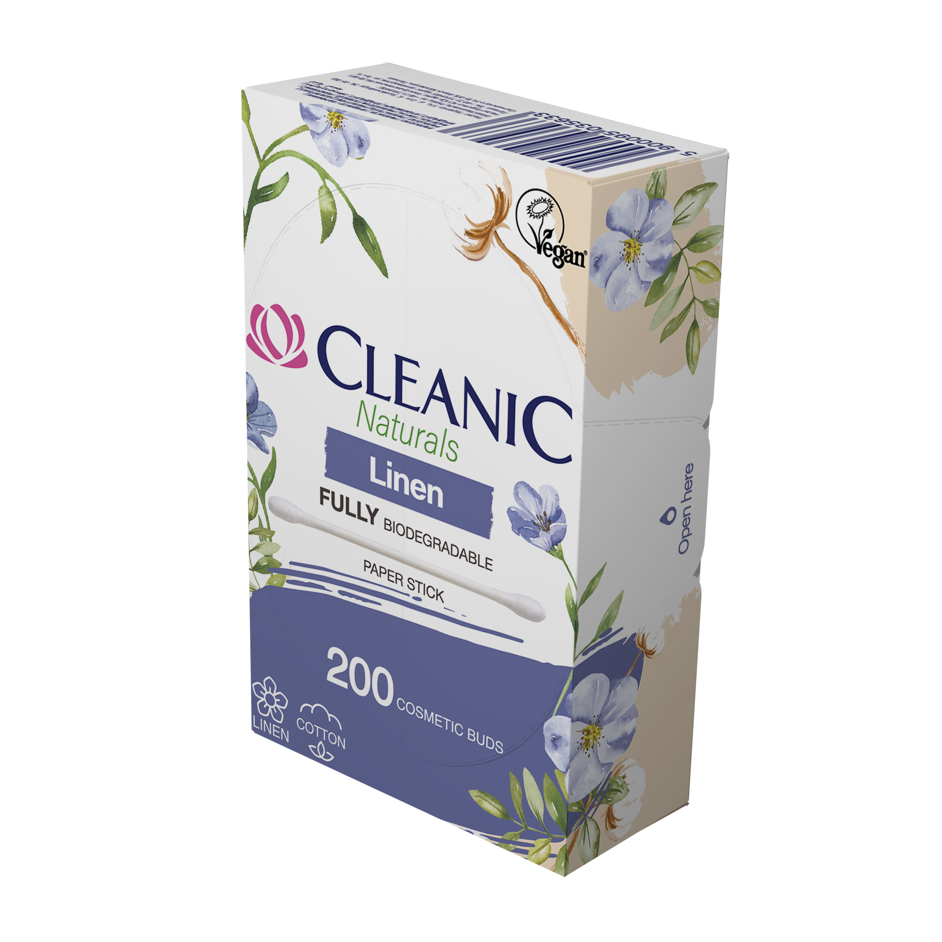 Ватные палочки гигиенические Cleanic Naturals Linen в бумажной прямоугольной коробке 200 шт - фото 1