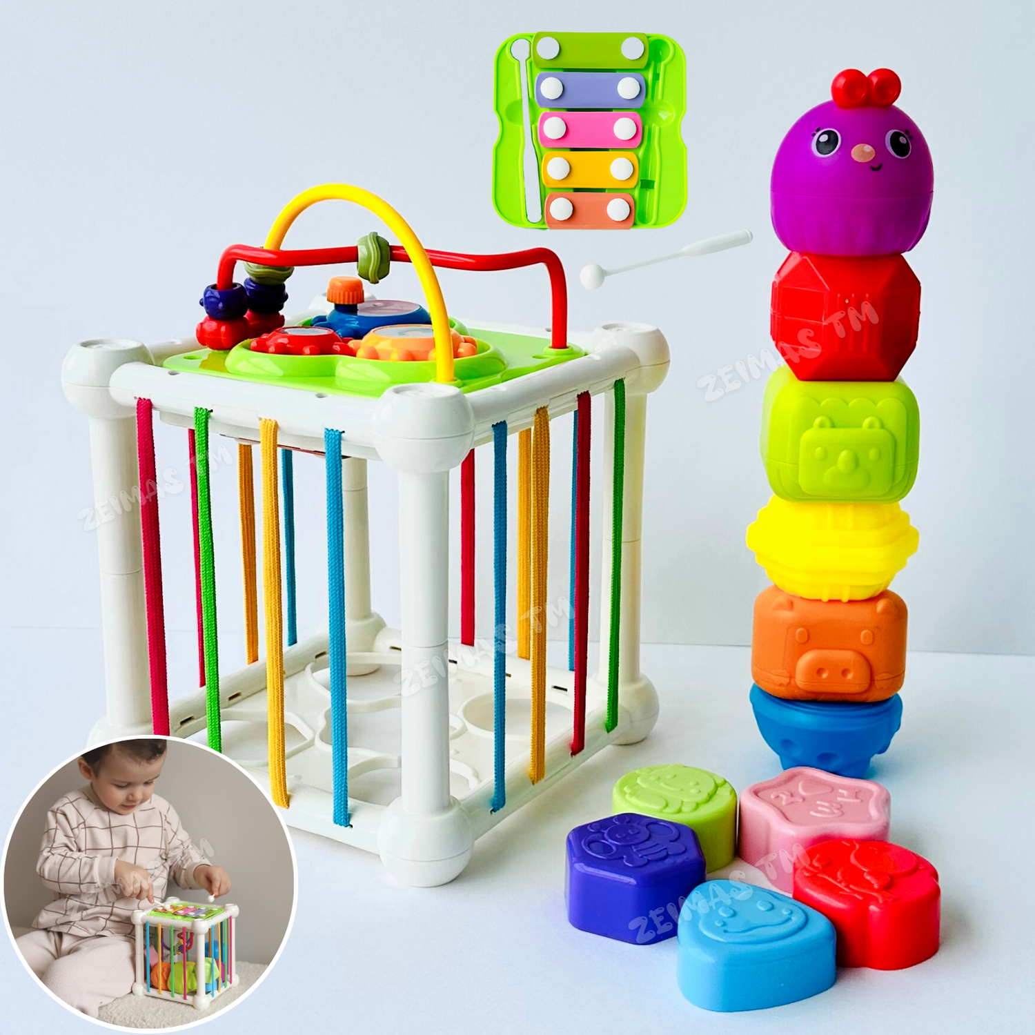Сортер-куб Zeimas Монтессори 6 фигурок с погремушкой развивающая игрушка ксилофон - фото 17