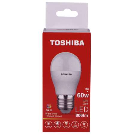 Лампа светодиодная Toshiba 8 Вт Е27 60W шар G45 3000 K теплый свет 220В матовая