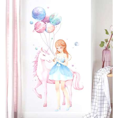 Наклейка Zabiaka пластик интерьерная цветная «Девушка с единорогом и шарами» 50х100 см
