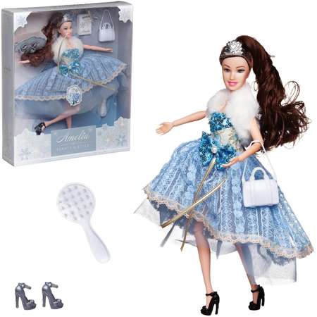 Кукла ABTOYS Бал принцессы с диадемой в платье с меховой накидкой темные волосы 30см