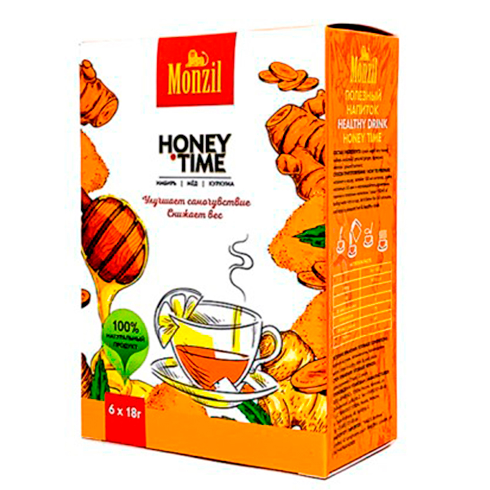 Имбирный напиток Monzil Honey Time Имбирь Мёд Куркума 6 пакетиков по 18 г - фото 1