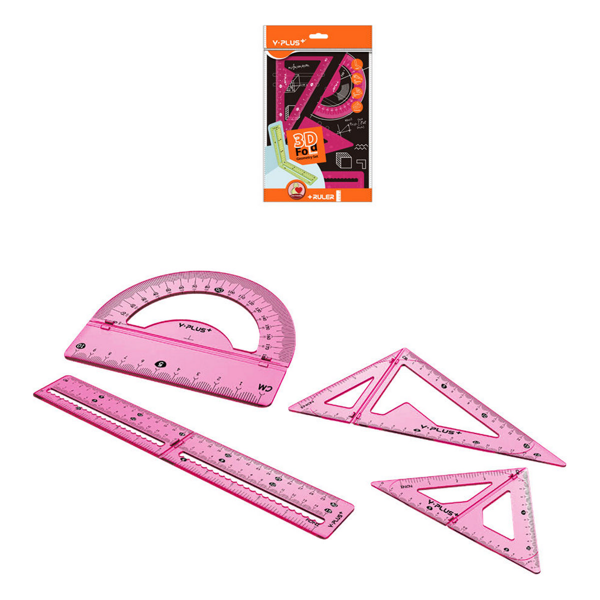 Чертёжный набор Y-plus 3D Fold линейка 15/30см +2угольника+транспортир розовый - фото 3