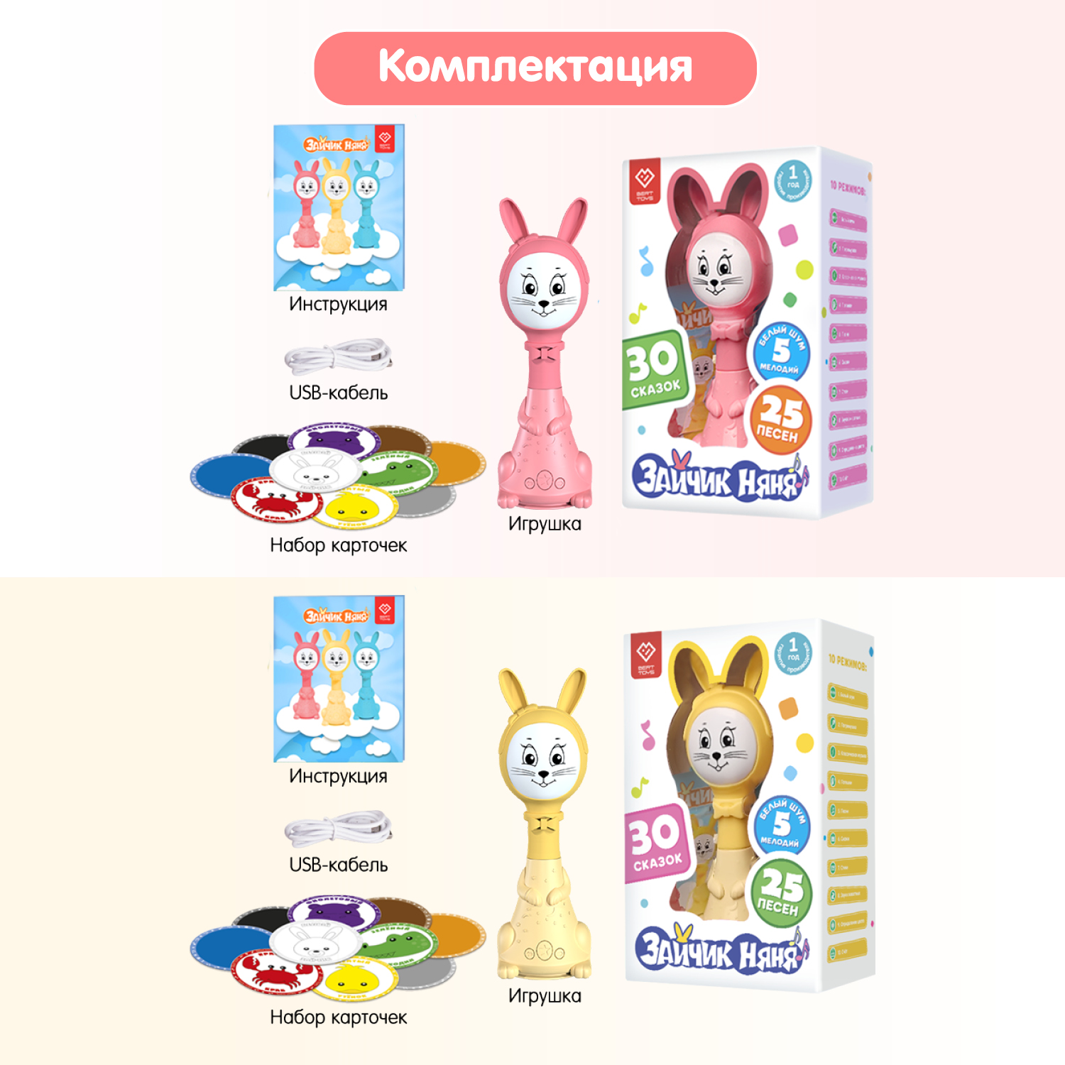 Набор из двух Зайчиков Няня BertToys 10 режимов: розовый + желтый - фото 12