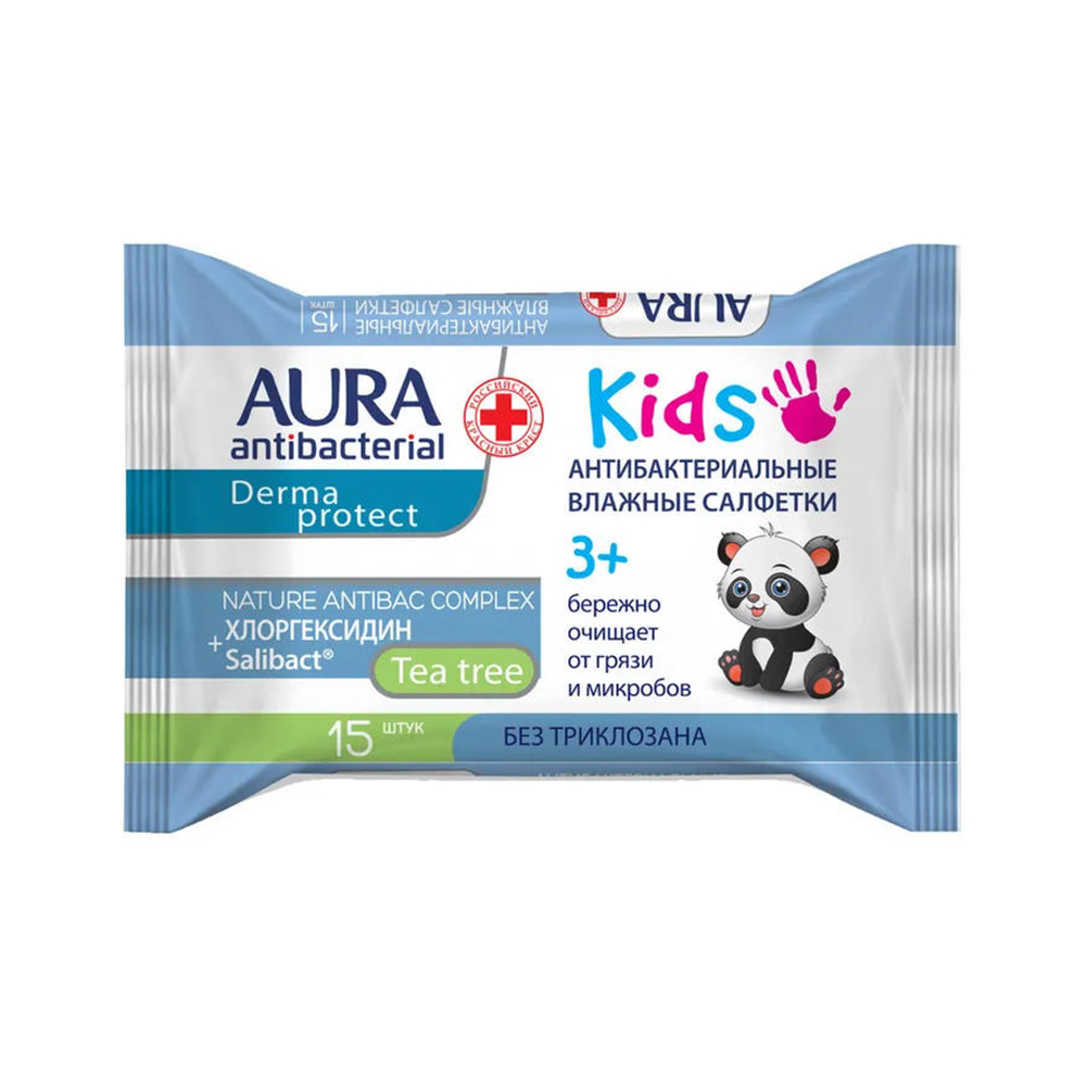 Влажные салфетки AURA Antibacterial derma protect kids 15шт / 3 + 1 в подарок - фото 3