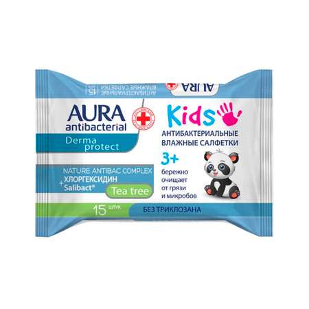 Влажные салфетки AURA Antibacterial derma protect kids 15шт / 3 + 1 в подарок