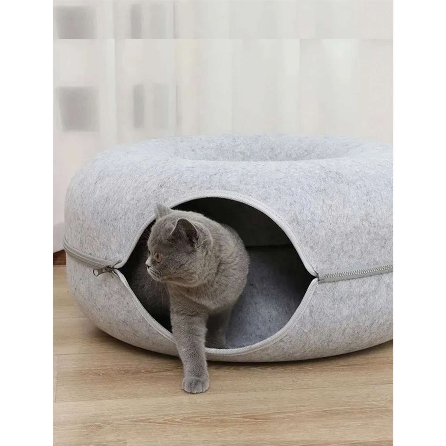 Лежанка гнездо для кошек ТОТОША и собак домик с молнией бублик светло серый - фото 2