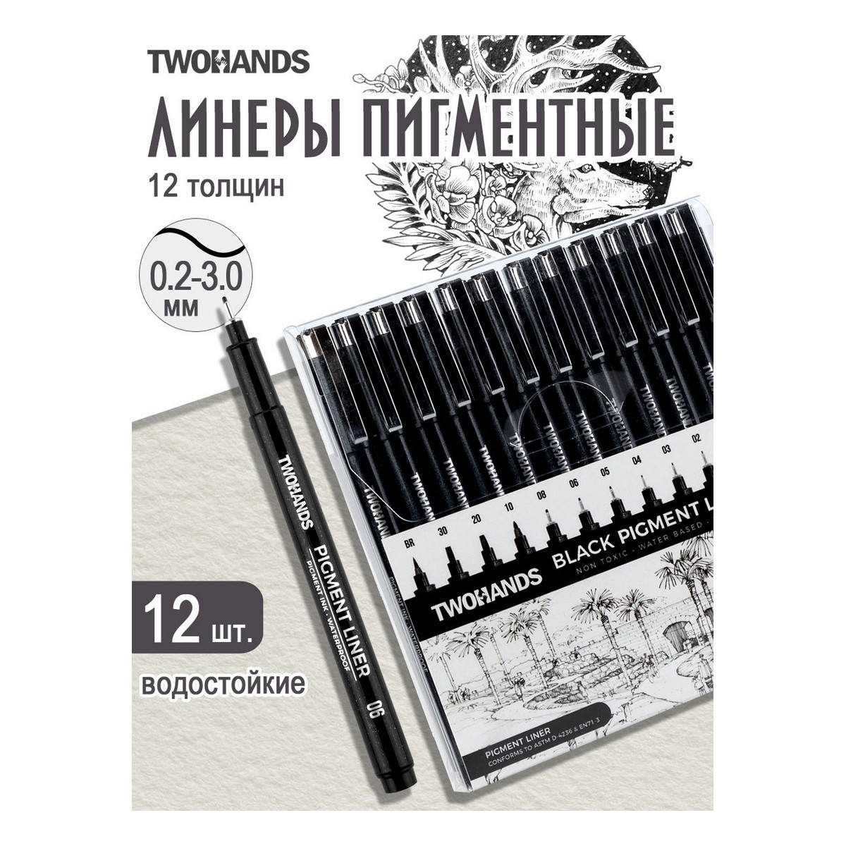 Пигментные линеры TWOHANDS набор черных 12 толщин линии. 12 шт в пластиковом футляре - фото 1