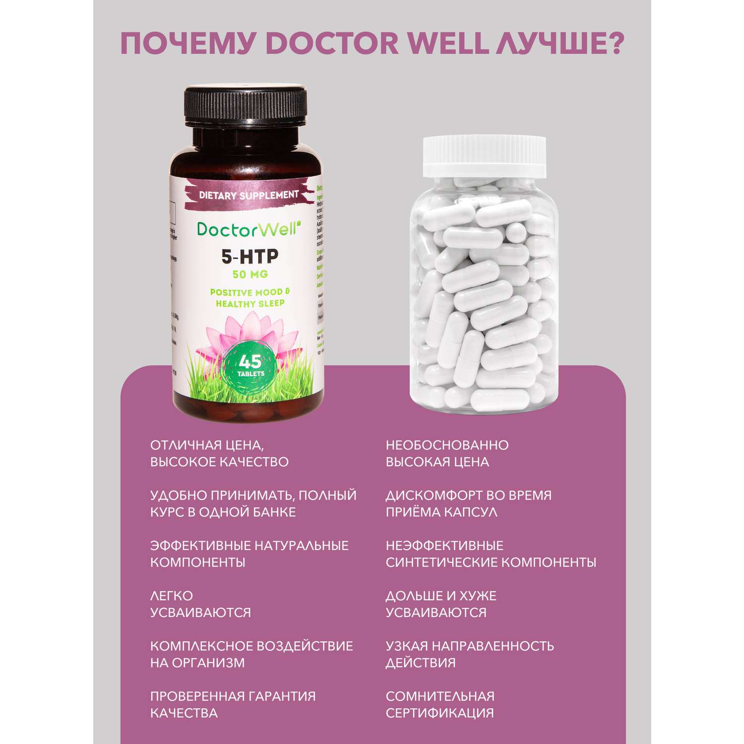 Витамины для нервной системы DoctorWell успокоительные для крепкого сна 5-HTP 45 таблеток 50мг - фото 8