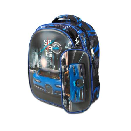 Рюкзак школьный с пеналом Little Mania Машина темно-синий