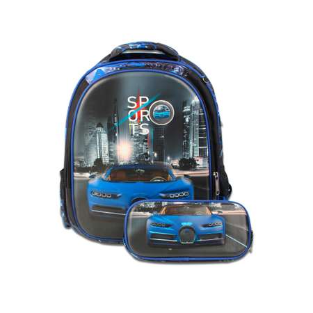 Рюкзак школьный с пеналом Little Mania Машина темно-синий
