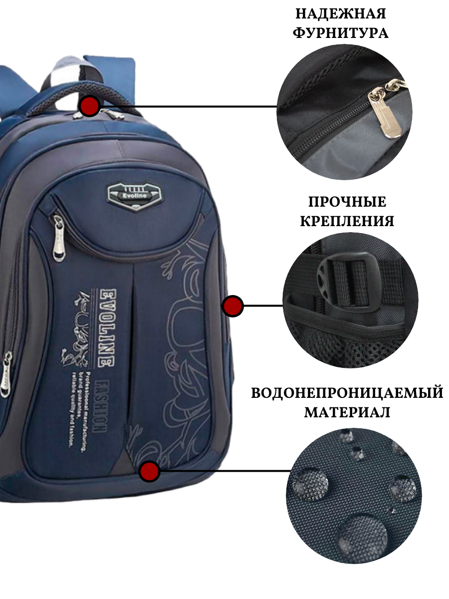 Рюкзак школьный Evoline средний темно-синий с потайным карманом EVO-325 - фото 7