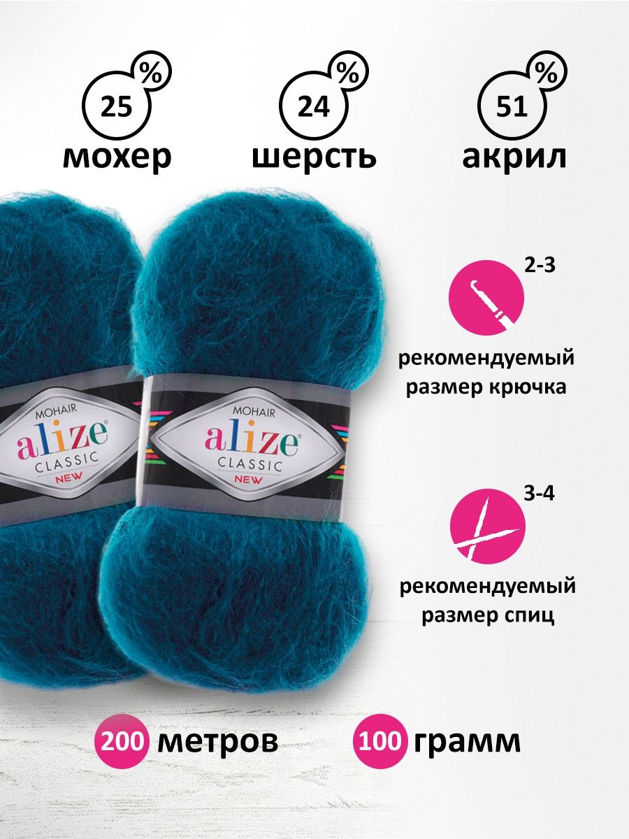 Пряжа Alize полушерстяная Mohair classic new 100 гр 200 м 5 мотков 403 петроль - фото 3