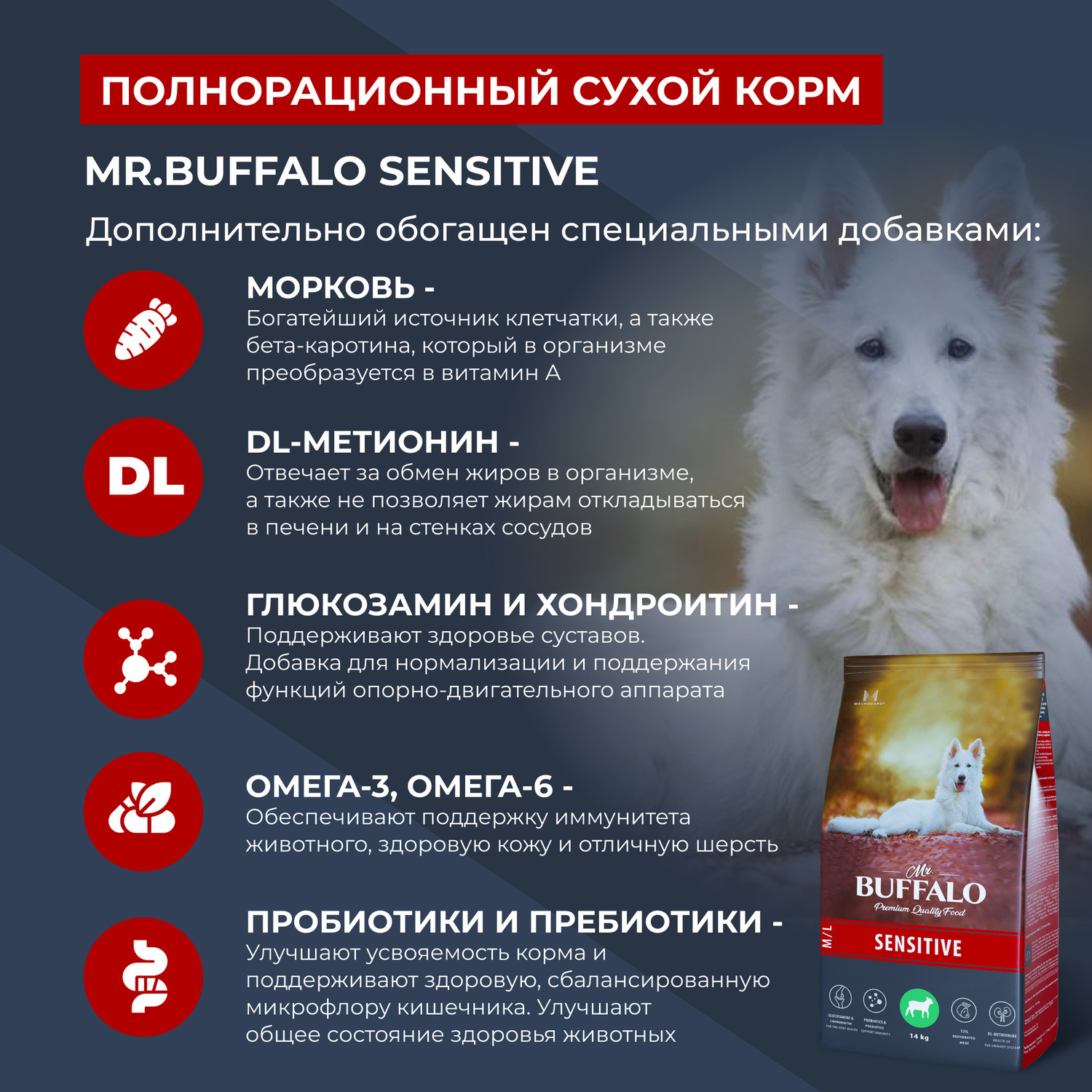 Корм для взрослых собак Mr.Buffalo Sensitive всех пород с чувствительным пищеварением с ягненком сухой 14кг - фото 4