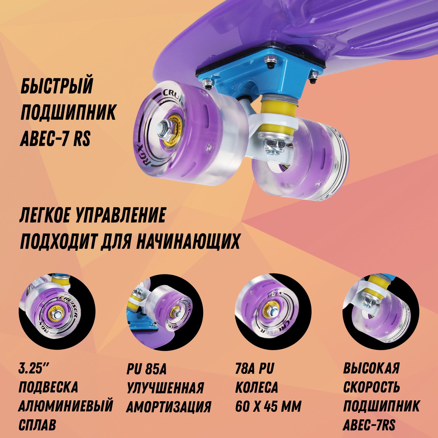 Мини-круизер RGX PNB-01GW 22 дюйма Violet светящиеся колеса - фото 2