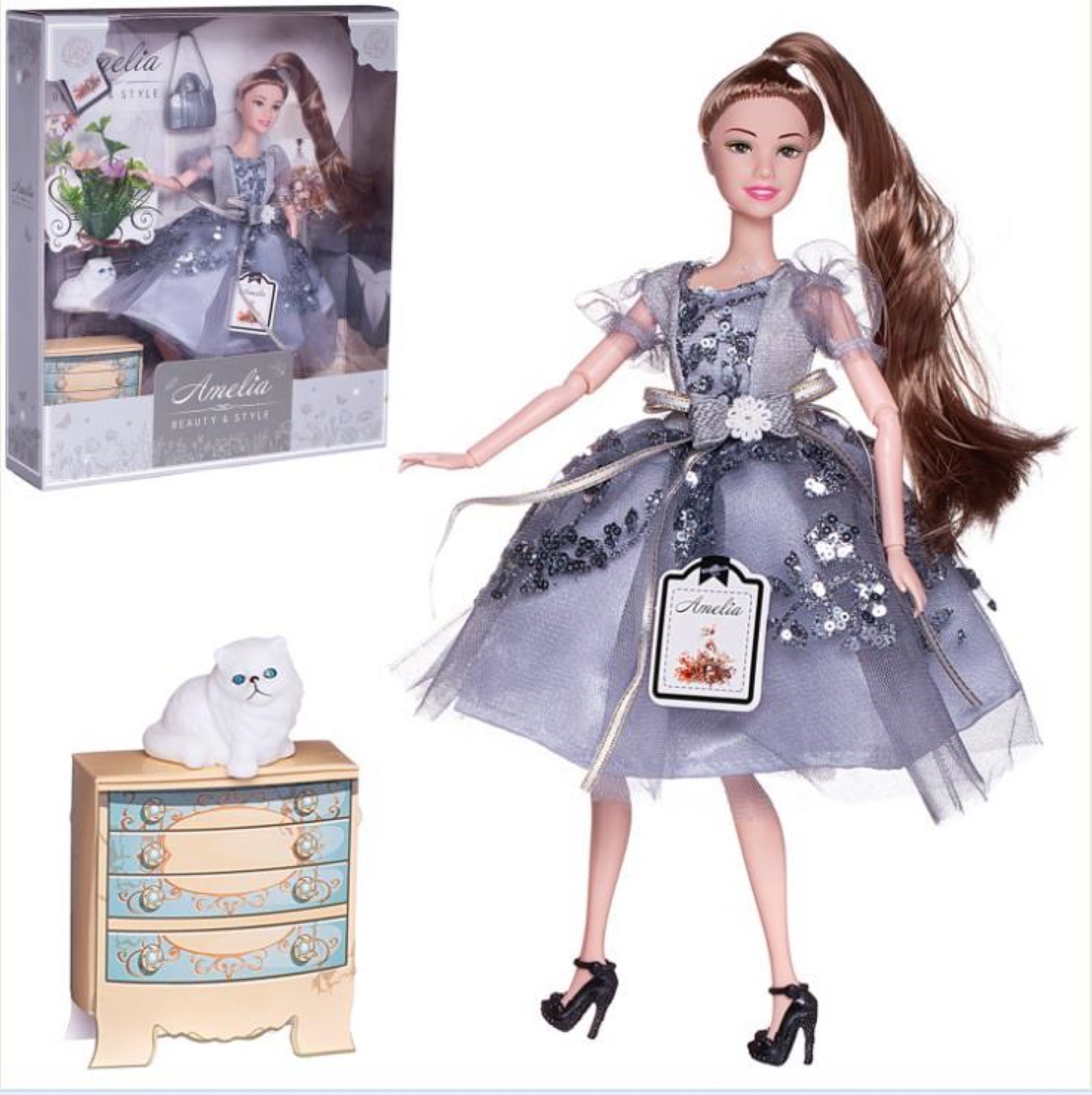 Кукла ABTOYS Роскошь серебра с котенком платье с пайетками с прозрачными рукавами фонариками русая 30см PT-01631 - фото 2