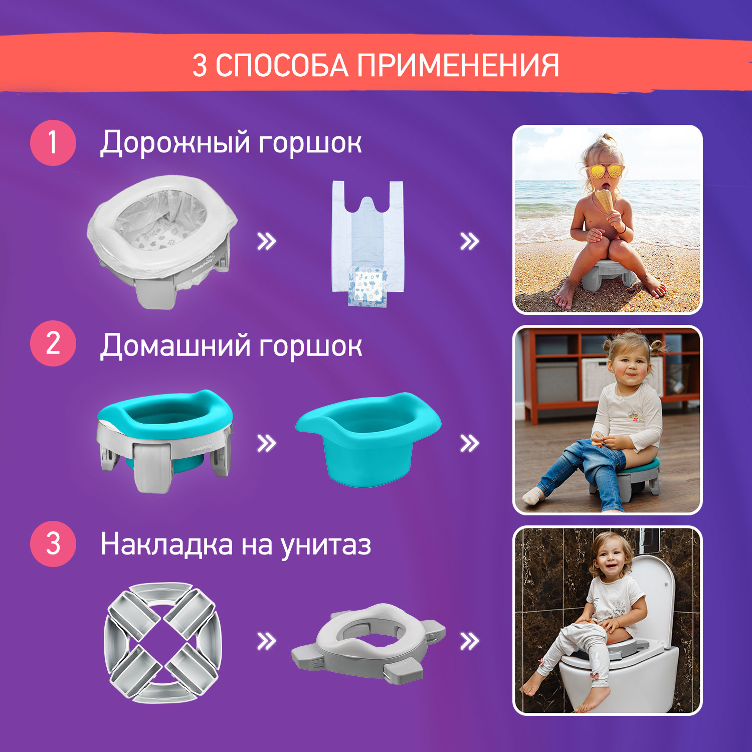 Горшок дорожный ROXY-KIDS складной с многоразовой вкладкой Handy Potty 3 в 1 цвет серый/мятный - фото 6