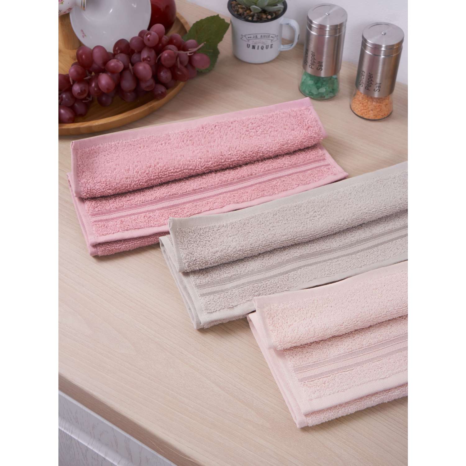 Набор кухонных полотенец 3 шт. ATLASPLUS 30х50 см микрокоттон махра светло-розовый розовый серый - фото 8