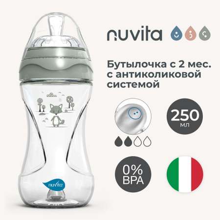 Бутылочка антиколиковая Nuvita Materno Feel пластиковая со средним потоком 250 мл серо-зеленая