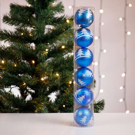 Набор елочных украшений BABY STYLE Шары синий принт белая елка маленькие снежинки 8 см 6 шт