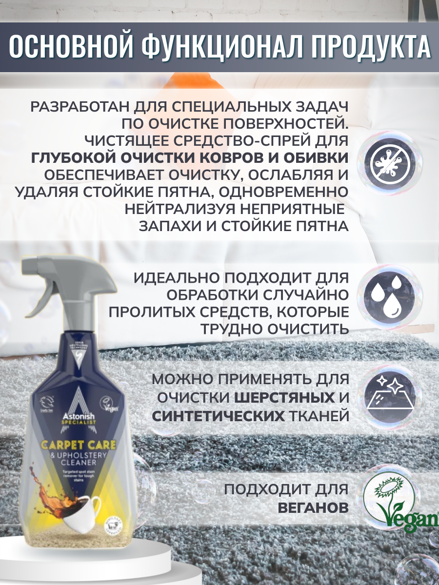 Чистящее средство Astonish для ковров и обивки с нейтрализатором запаха  Carpet Care_Upholstery Cleaner 750 мл.