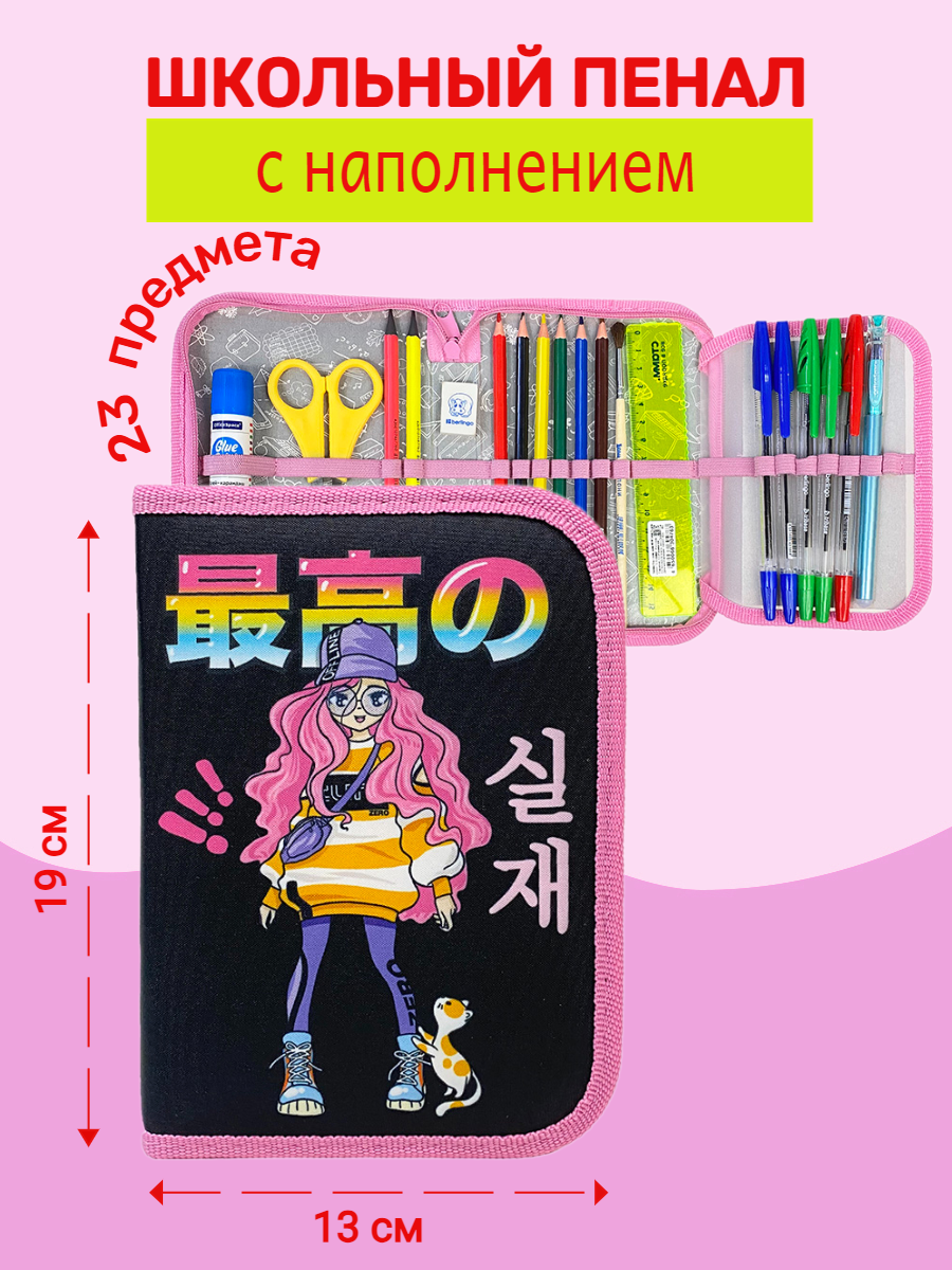 Пенал с наполнением ОНИКС Аниме Девочка 23 предмета с откидной планкой  купить по цене 990 ₽ в интернет-магазине Детский мир