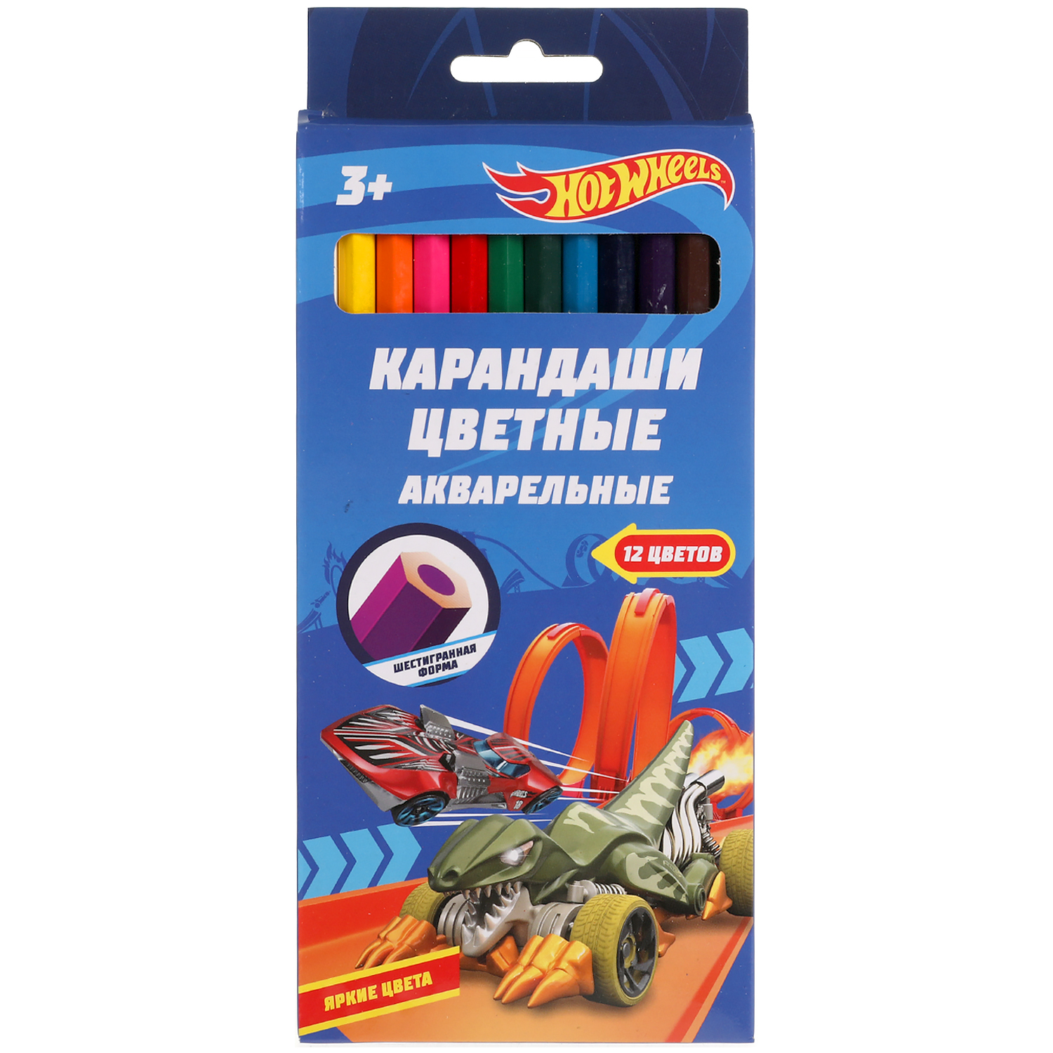 Цветные карандаши УМка Hot Wheels 12 цветов акварельные 313386 - фото 1