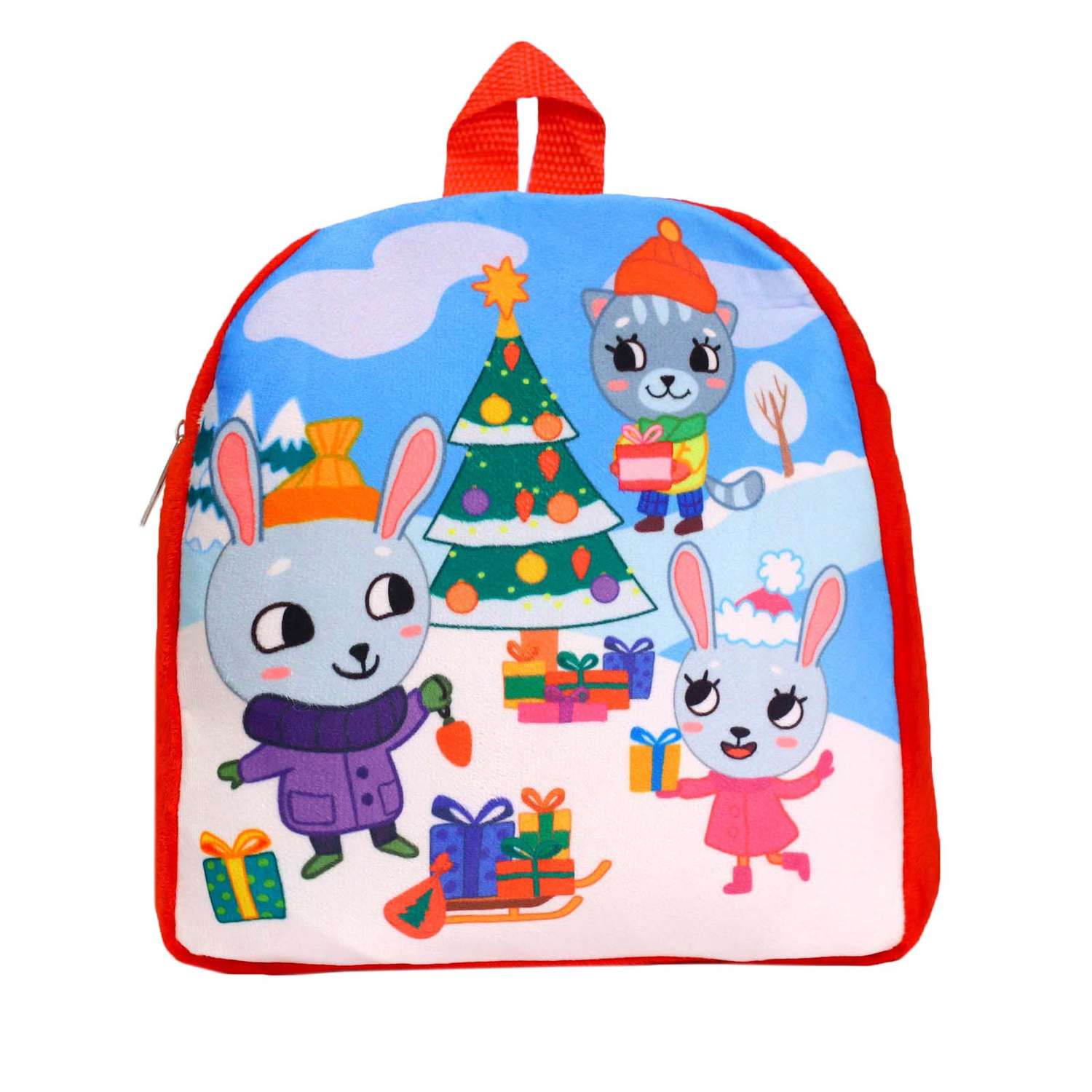 Детский рюкзак Milo Toys плюшевый Зайка и котик у елки 26х24 см - фото 1