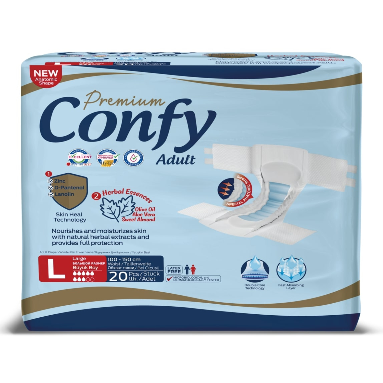 Подгузники для взрослых CONFY Adult Premium L20 размер L талия 100-150 см 20 шт - фото 1