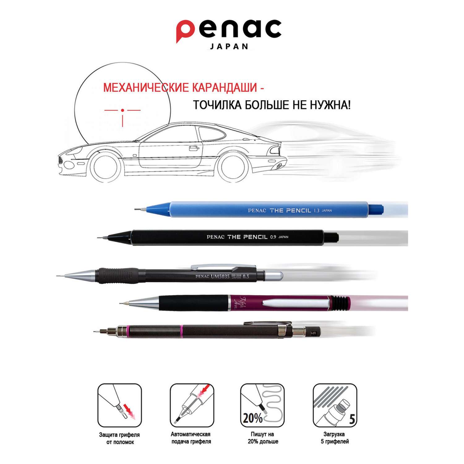 Карандаш механический PENAC The Pencil 0.9мм синий SA2005-03 - фото 5