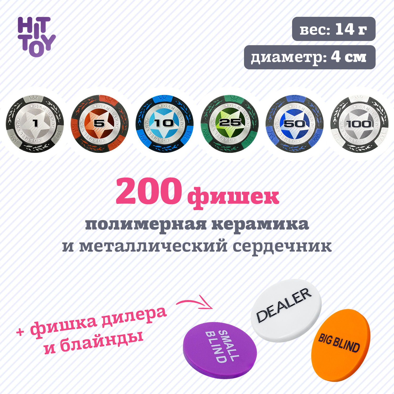 Покерный набор HitToy Black Stars 200 фишек с номиналом в чемодане - фото 3