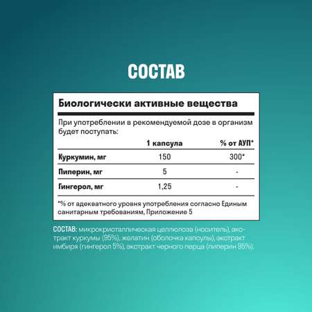 Куркумин LeafToGo с пиперином и имбирем 60 капсул