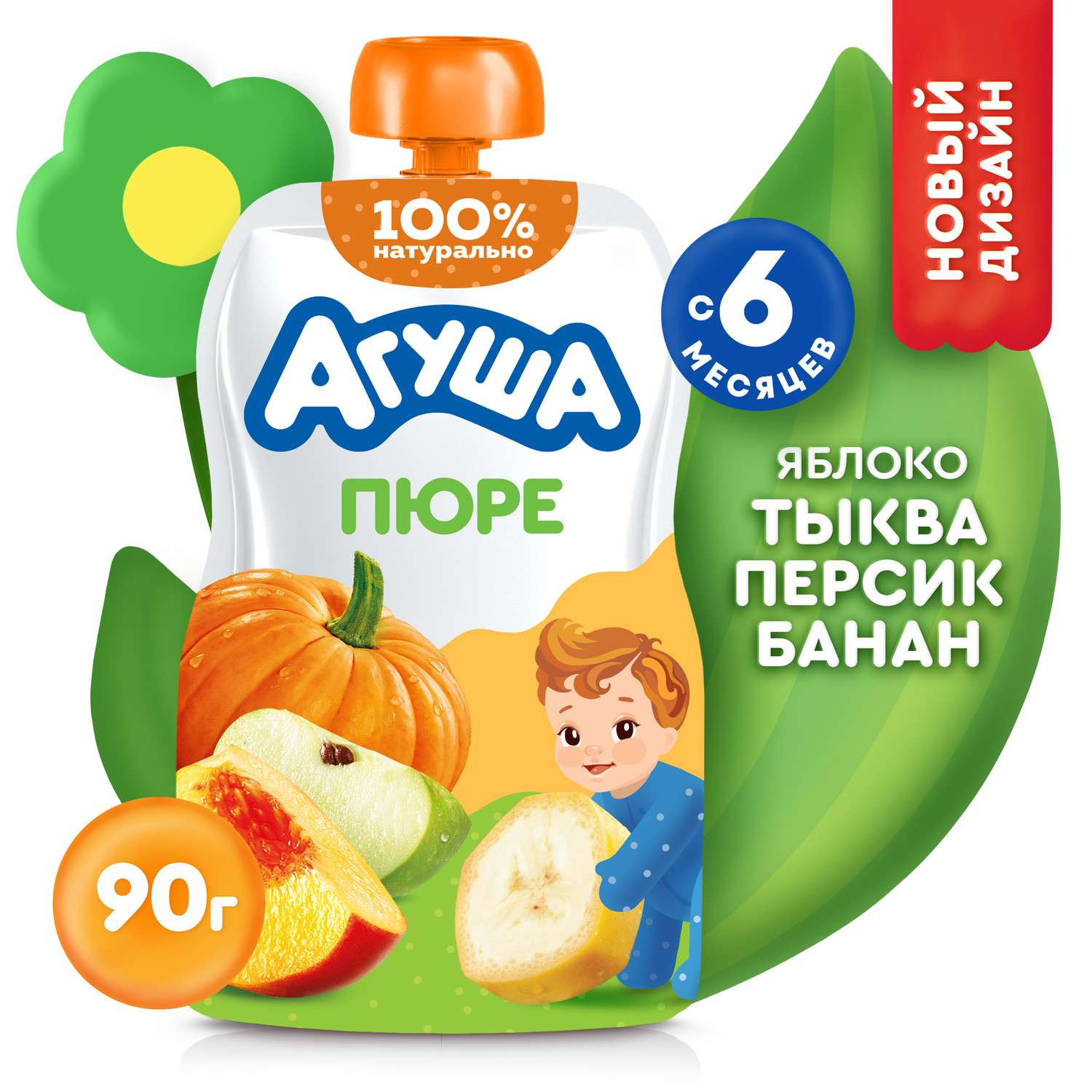 Пюре Агуша яблоко-тыква-персик-банан 90г с 6месяцев - фото 1