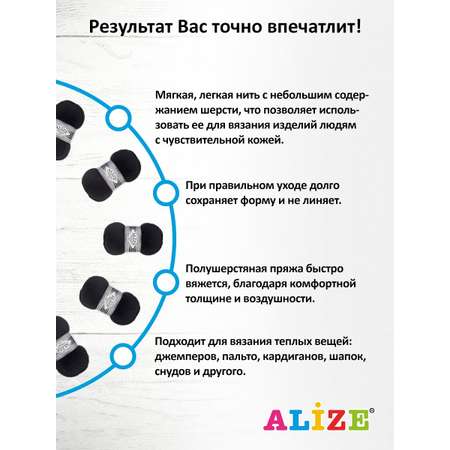 Пряжа Alize тонкая теплая мягкая Superlana tig шерсть акрил 100 гр 570 м 5 мотков 60 черный