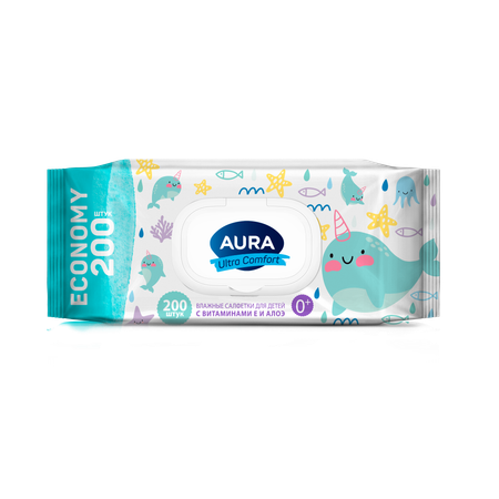 Cалфетки AURA ULTRA COMFORT Влажные детские 0+ 200х3шт