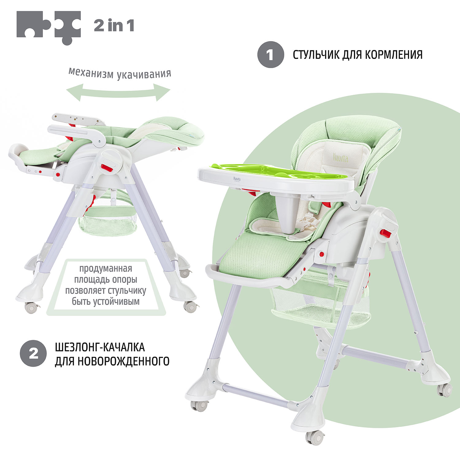 Стул-шезлонг для кормления Nuovita Tutela с перфорацией Зеленый - фото 3