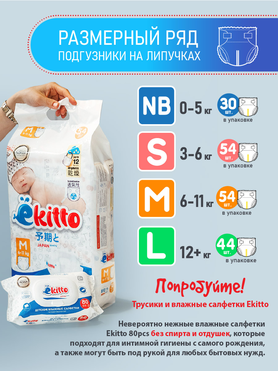Подгузники Ekitto 3 размер M для новорожденных детей от 6-11 кг 54 шт - фото 9