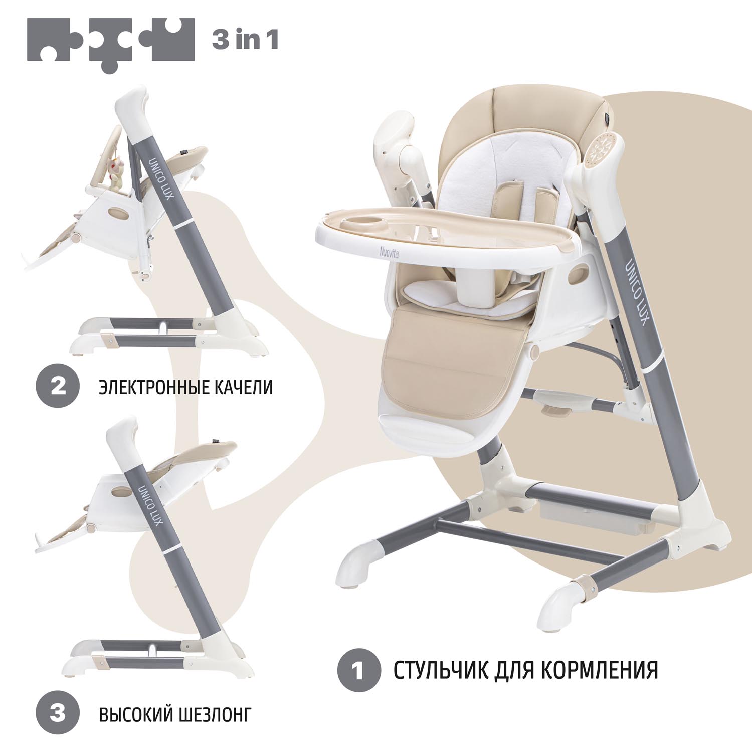 Стульчик для кормления Nuovita Unico lux Bianco с электронным устройством качания Латте - фото 5