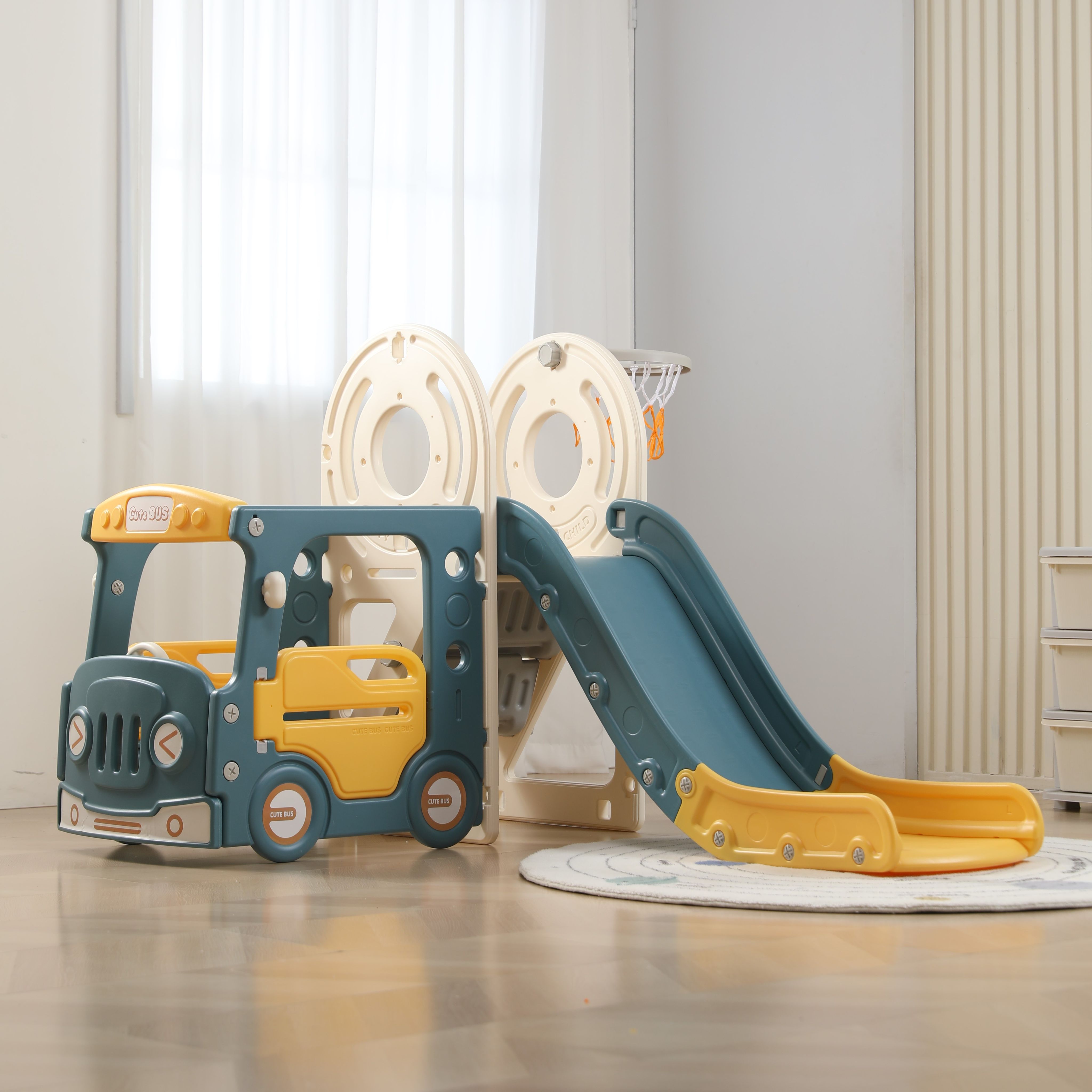 Игровой комплекс UNIX Kids Bus yellow с горкой и баскетбольным кольцом - фото 1