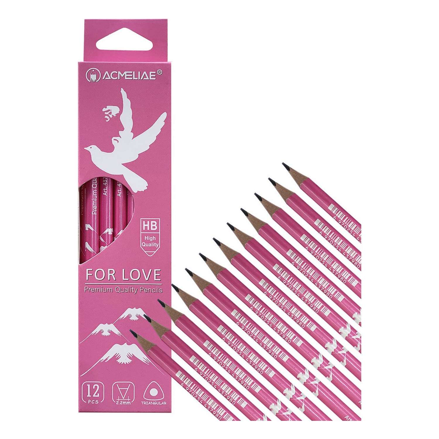 Карандаши чернографитные ACMELIAE HB For Love трехгранный корпус розовый 12шт в упаковке - фото 3