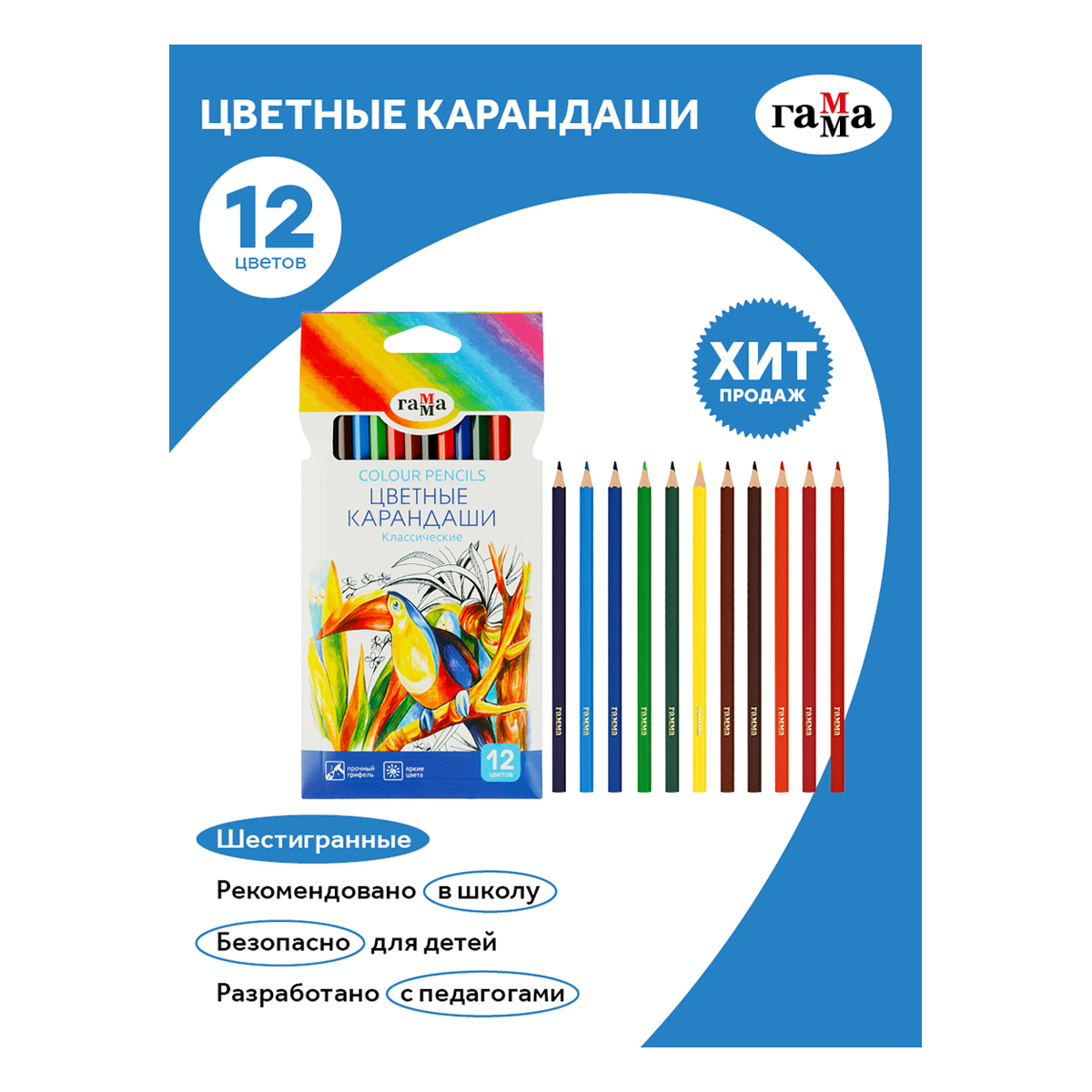 Карандаши цветные Gamma_ Классические 12 цветов заточенные картонная упаковка европодвес - фото 2